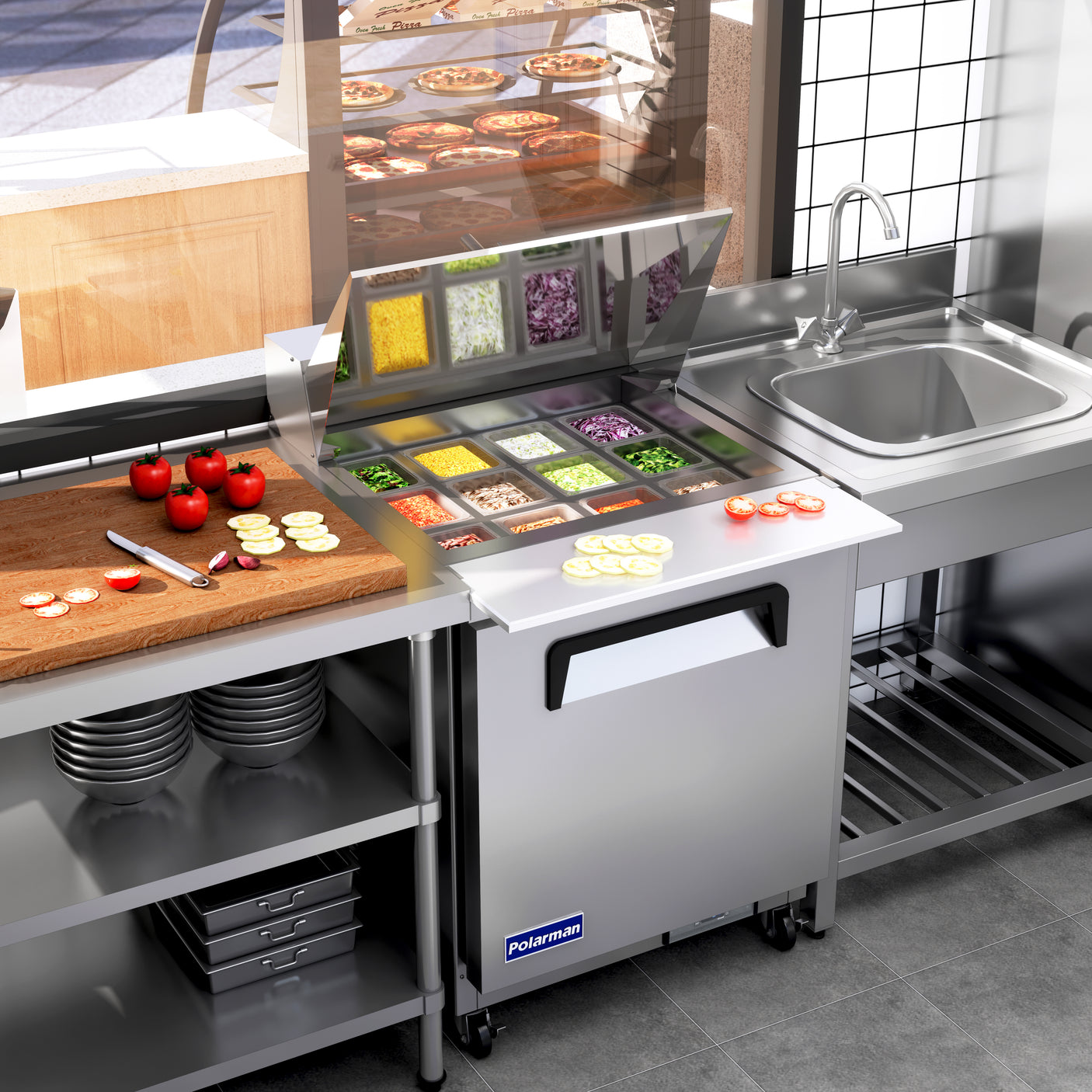 Polarman PLM-S29KS 28 15/16" Stainless Steel Mega Top Sandwich Prep Table with One Solid Full Door, (12) 1/6 Size Pans