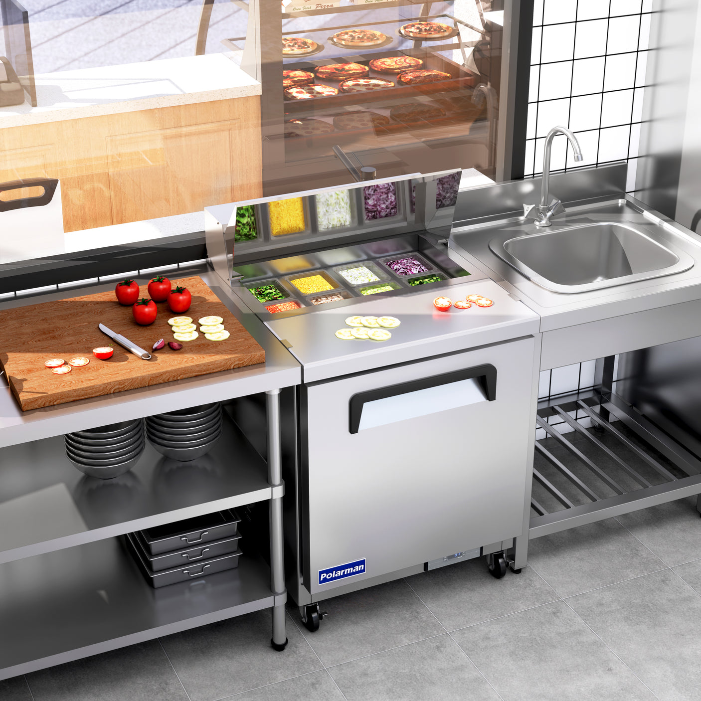 Polarman PLM-S29S 28 15/16" Stainless Steel Sandwich Prep Table with One Solid Full Door, (8) 1/6 Size Pans