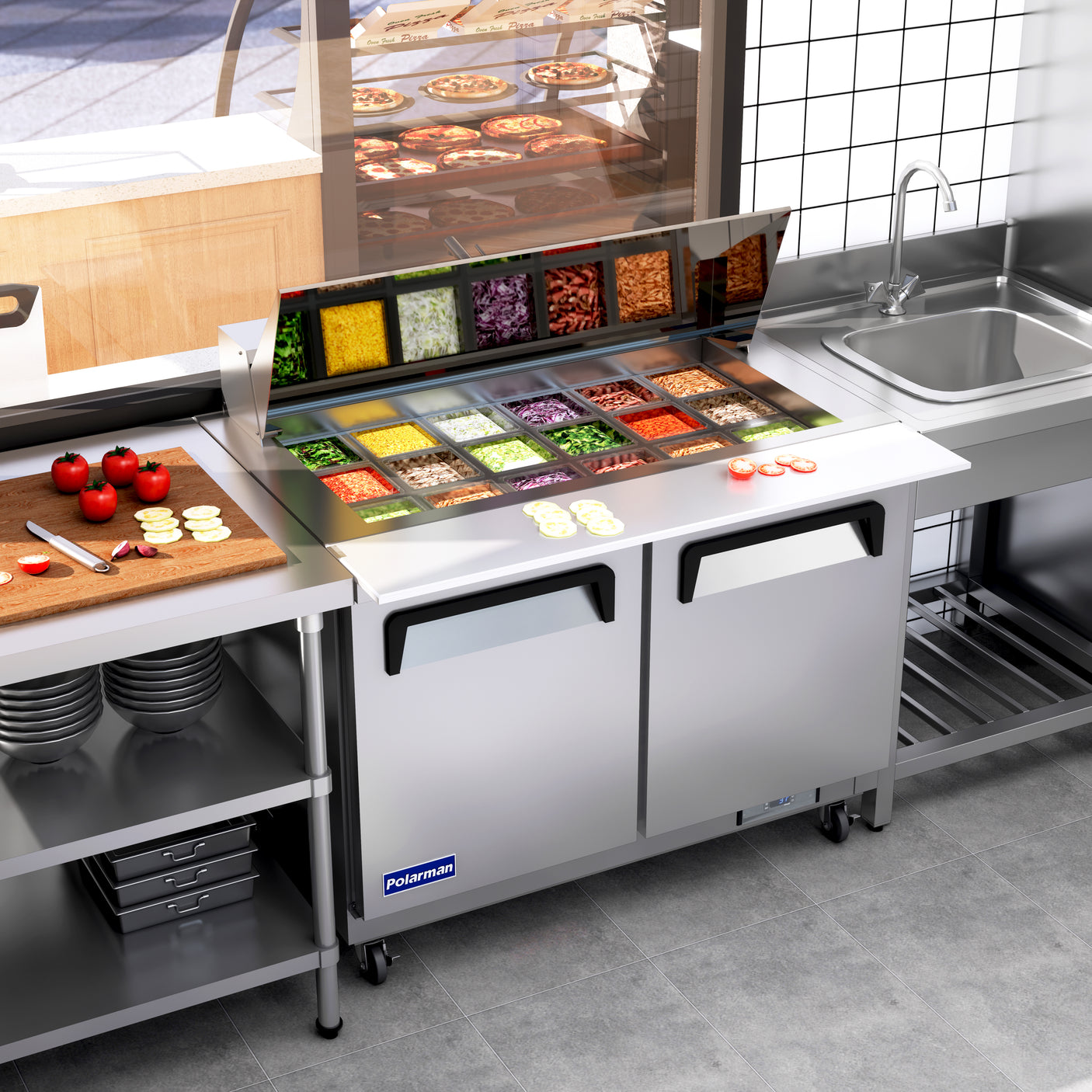 Polarman PLM-S48KS 48 1/4" Stainless Steel Mega Top Sandwich Prep Table with Two Solid Full Doors, (18) 1/6 Size Pans