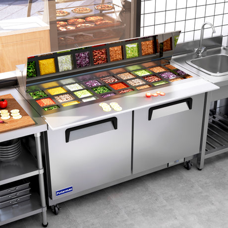 Polarman PLM-S60KS 61 1/4" Stainless Steel Mega Top Sandwich Prep Table with Two Solid Full Doors, (24) 1/6 Size Pans