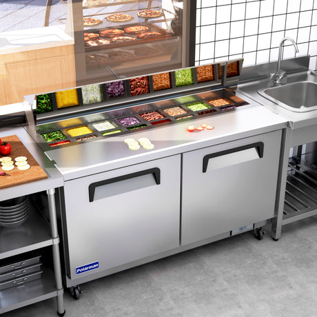 Polarman PLM-S60S 61 1/4" Stainless Steel Sandwich Prep Table with Two Solid Full Doors, (16) 1/6 Size Pans