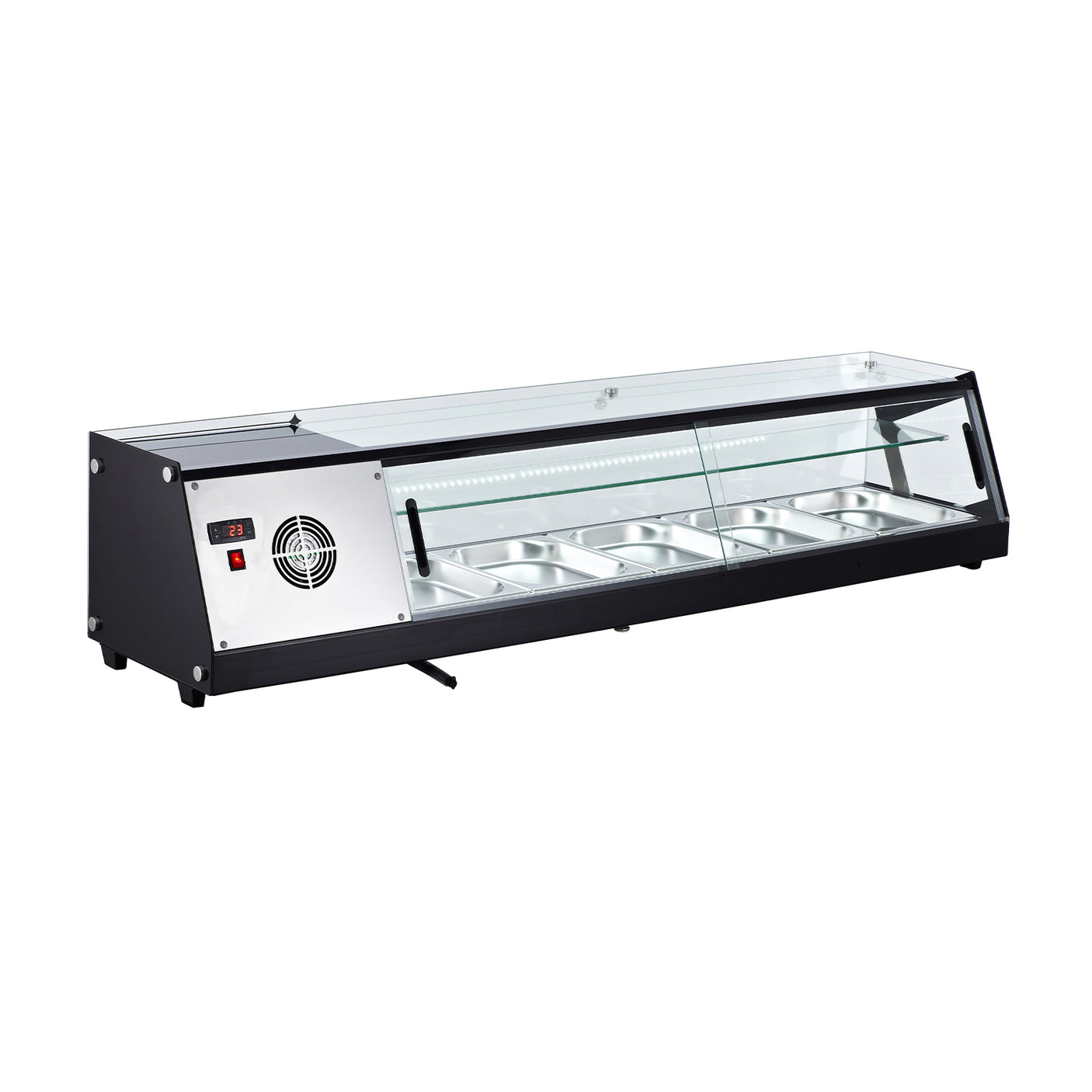 Polarman PLM-R104L 69 1/10" Countertop Refrigerated Sushi Display Case with Sliding Door, (5) 1/2 Size Pans, Black