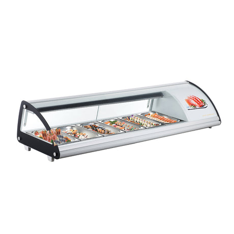 Polarman PLM-R83L 58 2/5" Countertop Refrigerated Sushi Display Case with Sliding Door,(6) 1/3 Size Pans, White