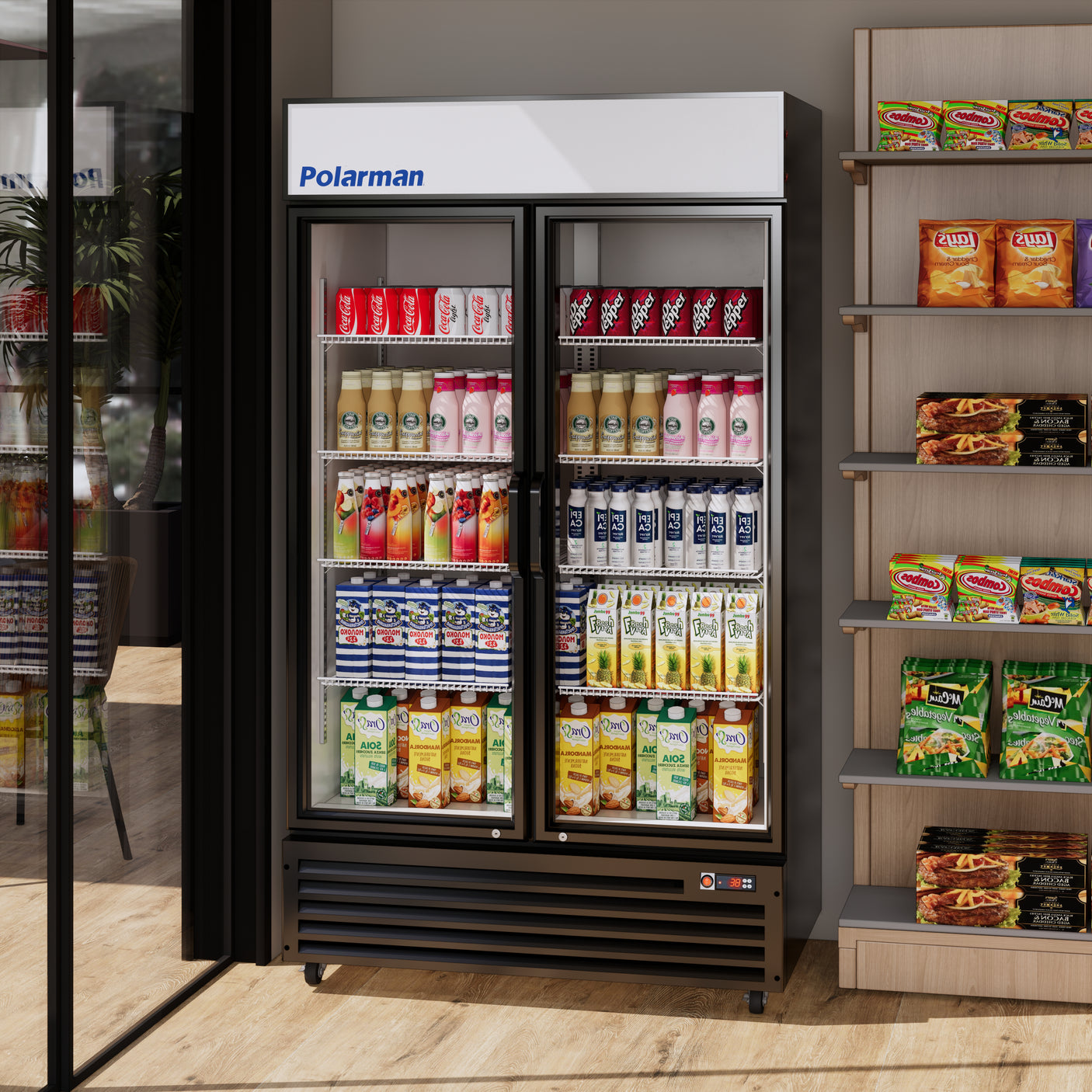 Polarman PLM-SGD44R 44 1/2" Black Refrigerated Double Swing Glass Door Merchandiser with LED Lighting, 31 cu.ft（SS-P1000WB-A）