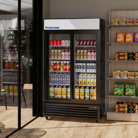 Polarman PLM-SGD44R-S 44 1/2" Black Refrigerated Double Sliding Glass Door Merchandiser with LED Lighting, 31 cu.ft（SS-P1000WB-B）