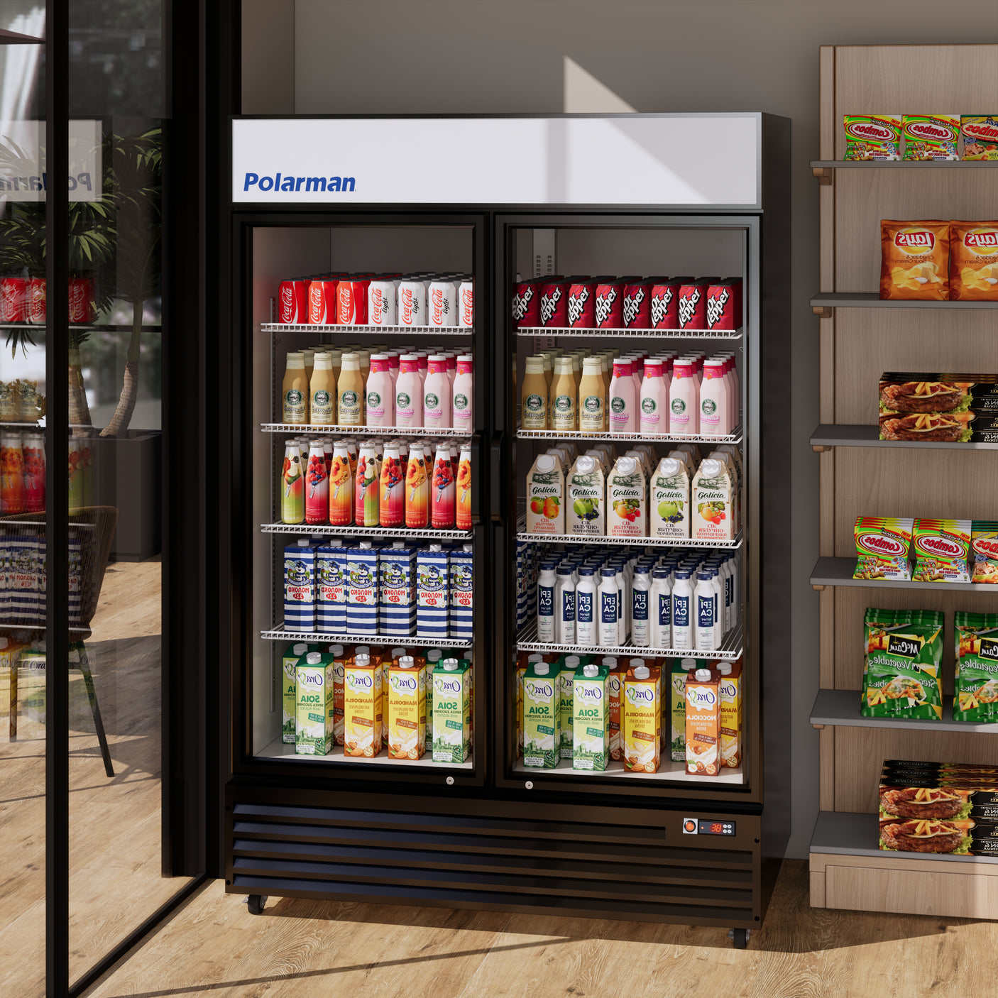 Polarman PLM-SGD52R 52 2/5" Black Refrigerated Double Swing Glass Door Merchandiser with LED Lighting, 43 cu.ft（SS-P1400WA-A）