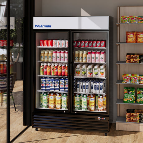 Polarman PLM-SGD52R 52 2/5" Black Refrigerated Double Swing Glass Door Merchandiser with LED Lighting, 43 cu.ft（SS-P1400WA-A）
