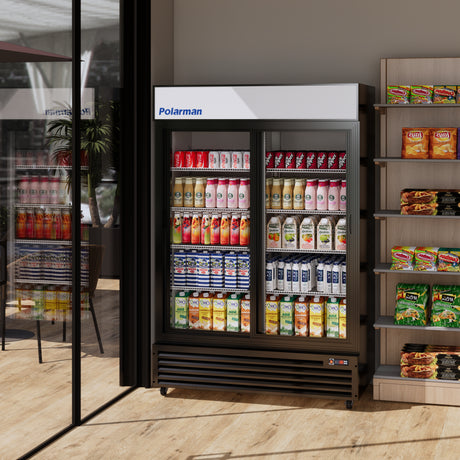 Polarman PLM-SGD52R-S 52 2/5" Black Refrigerated Double Sliding Glass Door Merchandiser with LED Lighting, 43 cu.ft（SS-P1400WA-B）