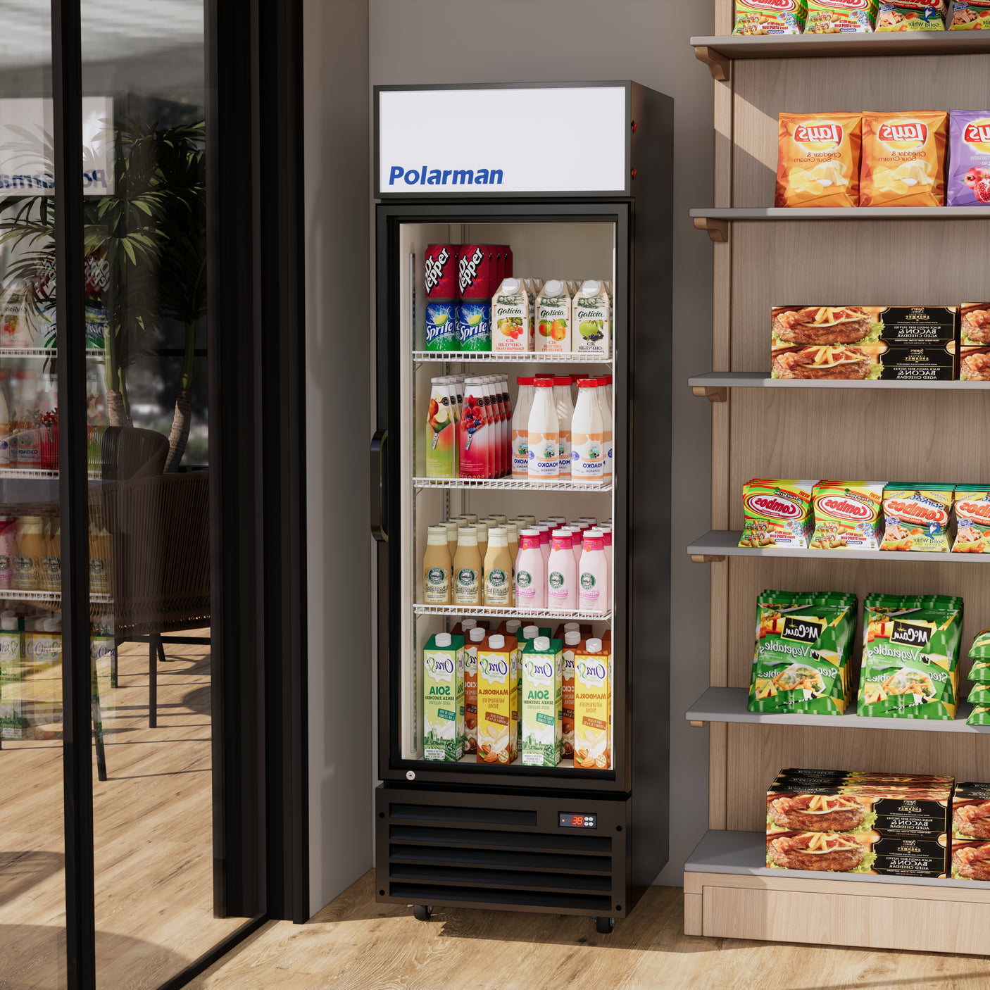 Polarman PLM-SGD21R 21 1/5" Black Refrigerated Swing Glass Door Merchandiser with LED Lighting, 7.5 cu.ft（SS-P238WA）