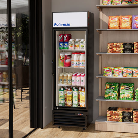 Polarman PLM-SGD21R 21 1/5" Black Refrigerated Swing Glass Door Merchandiser with LED Lighting, 7.5 cu.ft（SS-P238WA）