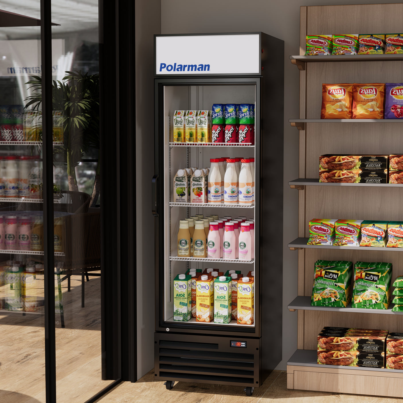Polarman PLM-SGD24R 23 9/10" Black Refrigerated Swing Glass Door Merchandiser with LED Lighting, 14.3 cu.ft（SS-P430WA）