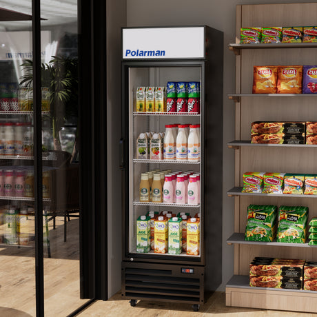 Polarman PLM-SGD24R 23 9/10" Black Refrigerated Swing Glass Door Merchandiser with LED Lighting, 14.3 cu.ft（SS-P430WA）
