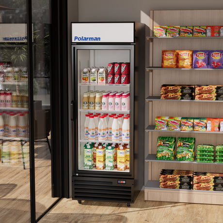 Polarman PLM-SGD28R 27 3/5" Black Refrigerated Swing Glass Door Merchandiser with LED Lighting, 20.7 cu.ft（SS-P600WB）
