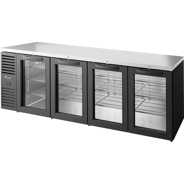 True TBR108-RISZ1-L-B-GGGG-1 108" 4 Glass Door Black Back Bar Refrigerator