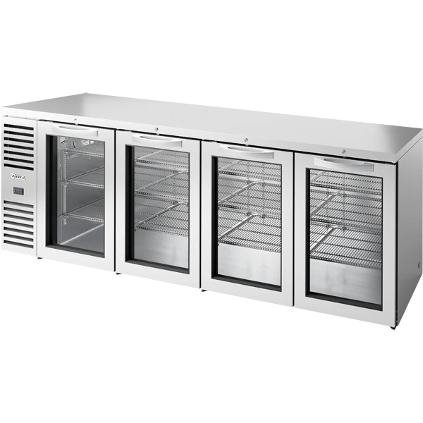 True TBR108-RISZ1-L-S-GGGG-1 108" 4 Glass Door Stainless Steel Back Bar Refrigerator