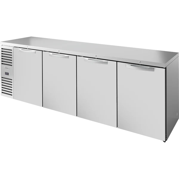 True TBR108-RISZ1-L-S-SSSS-1 108" 4 Solid Door Stainless Steel Back Bar Refrigerator