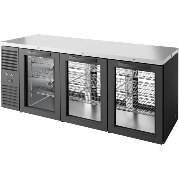 True TBR84-PTSZ1-L-B-GGG-GGG-1 84" Black 6 Glass Door Pass-Thru Back Bar Refrigerator