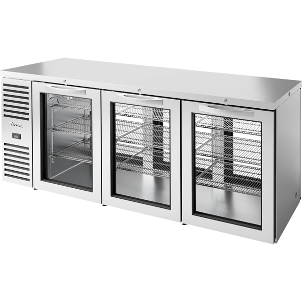 True TBR84-PTSZ1-L-S-GGG-GGG-1 84" Stainless Steel 6 Glass Door Pass-Thru Back Bar Refrigerator