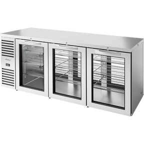 True TBR84-PTSZ1-L-S-GGG-GGG-1 84" Stainless Steel 6 Glass Door Pass-Thru Back Bar Refrigerator