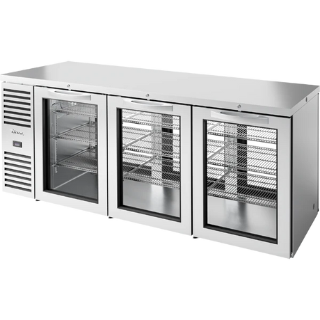True TBR84-PTSZ1-L-S-GGG-GGG-1 84" Stainless Steel 6 Glass Door Pass-Thru Back Bar Refrigerator
