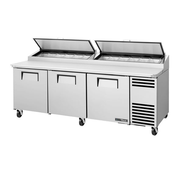 True TPP-AT2-93-HC 93 1/2" 3 Door Refrigerated Pizza Prep Table with 2 Lids