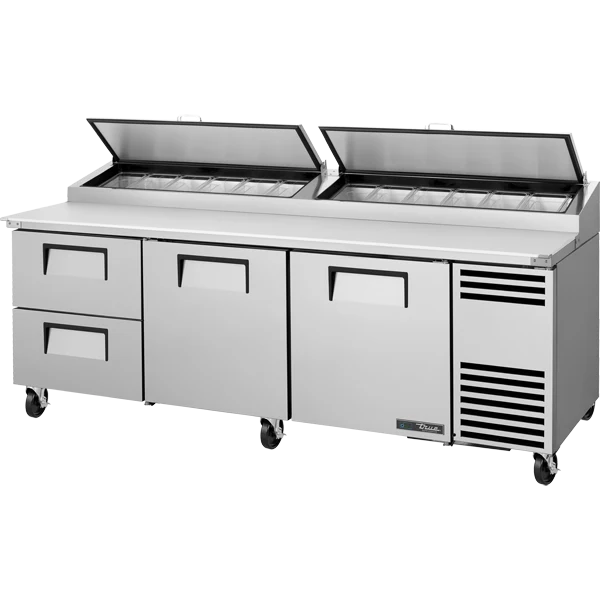 True TPP-AT2-93D-2-HC 93 3/8" 2 Door 2 Drawer Refrigerated Pizza Prep Table with 2 Lids