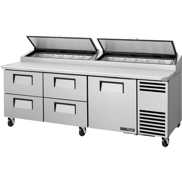 True TPP-AT2-93D-4-HC 93 3/8" 1 Door 4 Drawer Refrigerated Pizza Prep Table with 2 Lids