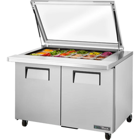 True TSSU-48-18M-B-FGLID-HC Mega Top Refrigerated Sandwich Prep Table with Flat Glass Lid