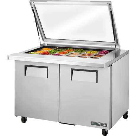 True TSSU-48-18M-B-FGLID-HC Mega Top Refrigerated Sandwich Prep Table with Flat Glass Lid