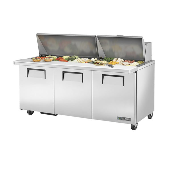 True TSSU-72-30M-B-ST-HC 72 3/8" 3 Door Mega Top Refrigerated Sandwich Prep Table