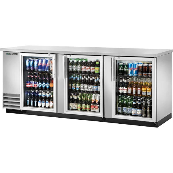 True TBB-4G-S-HC-LD 90 3/8" Stainless Steel 3 Glass Door Back Bar Refrigerator