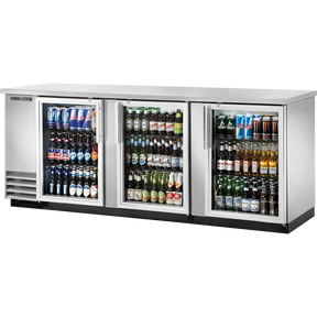 True TBB-4G-S-HC-LD 90 3/8" Stainless Steel 3 Glass Door Back Bar Refrigerator