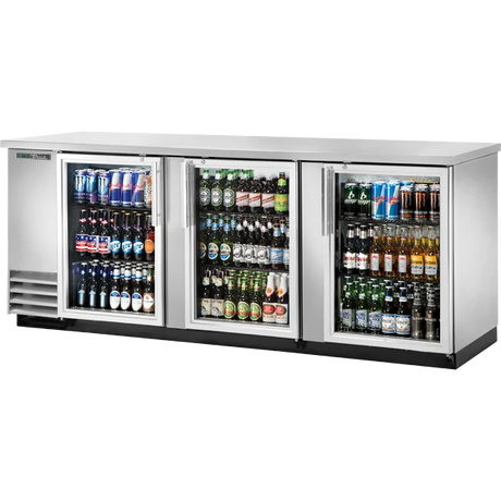 True TBB-4G-S-HC-LD 90 3/8" Stainless Steel 3 Glass Door Back Bar Refrigerator