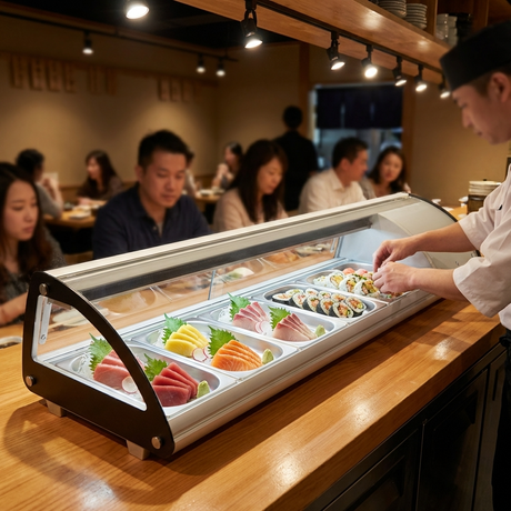 Polarman PLM-R43L 44 1/2" Countertop Refrigerated Sushi Display Case with Sliding Door, (4) 1/3 Size Pans, White