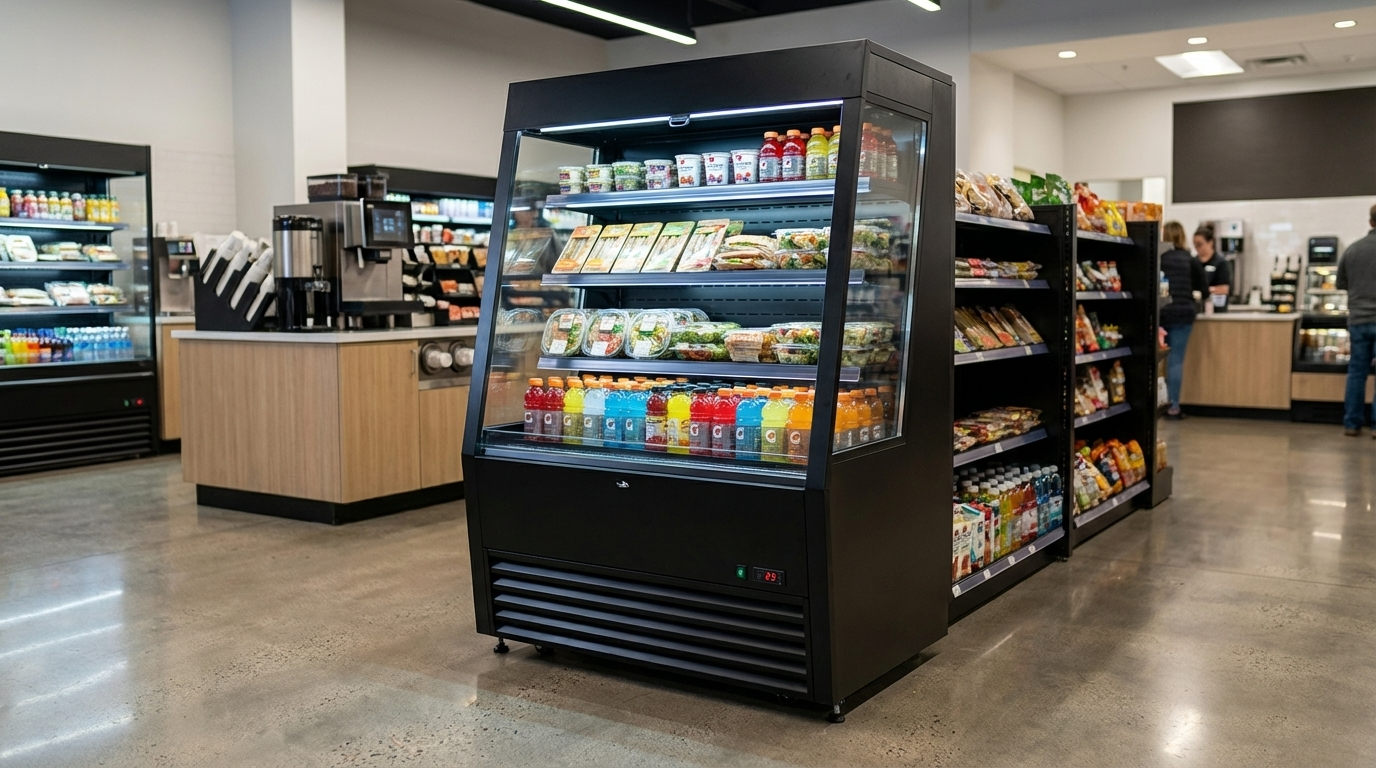 Polarman PLM-R390LSB 36" Black Vertical Air Curtain Merchandiser with 3 Shelves
