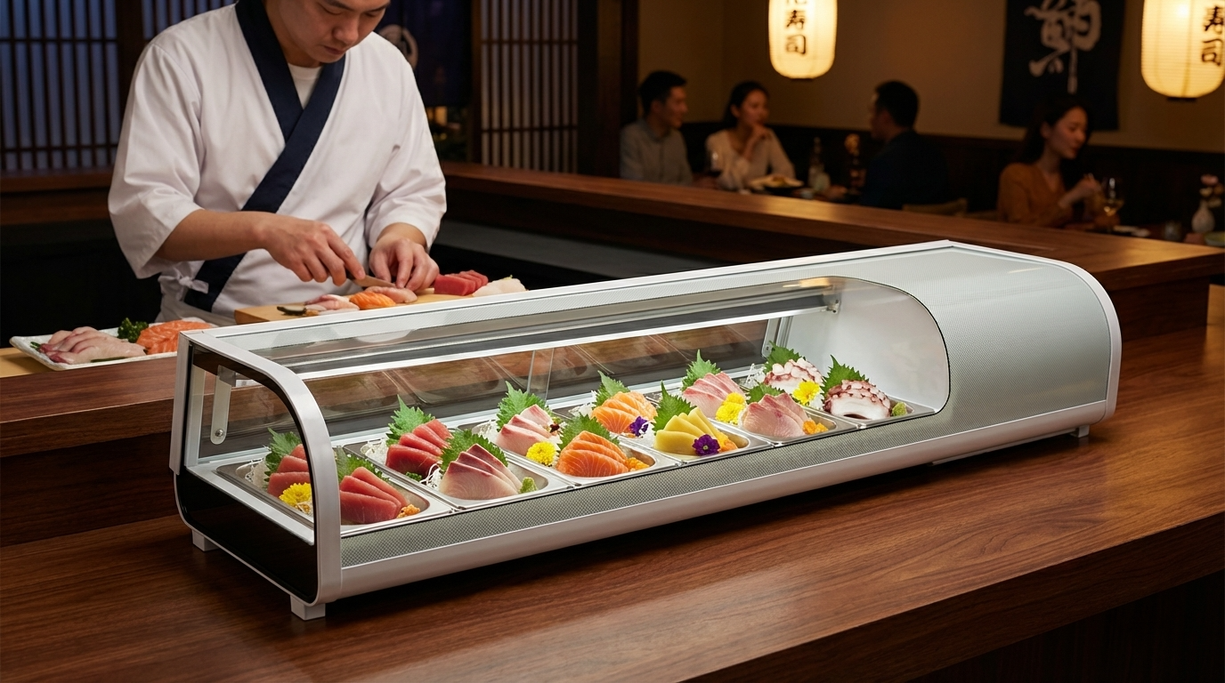 Polarman PLM-R132L 71" Countertop Refrigerated Sushi Display Case with Sliding Door, (5) 1/2 Size Pans, White