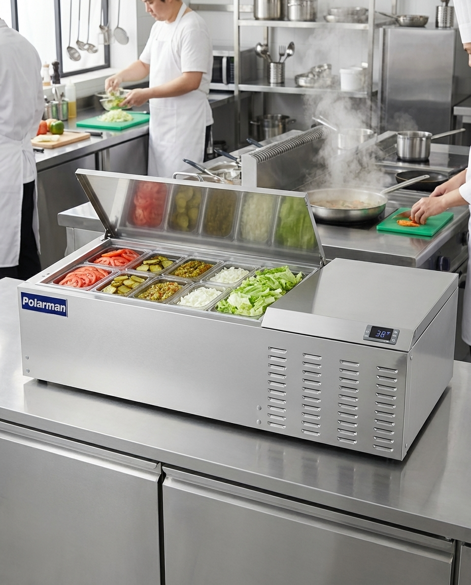 Polarman PLM-PD55 53" Countertop Refrigerated Topping Rail, Stainless Steel,(10) 1/6 Size Pans