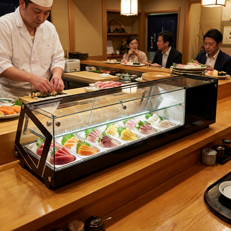 Polarman PLM-R44L 44 1/2" Countertop Refrigerated Sushi Display Case with Sliding Door, (4) 1/3 Size Pans, Black
