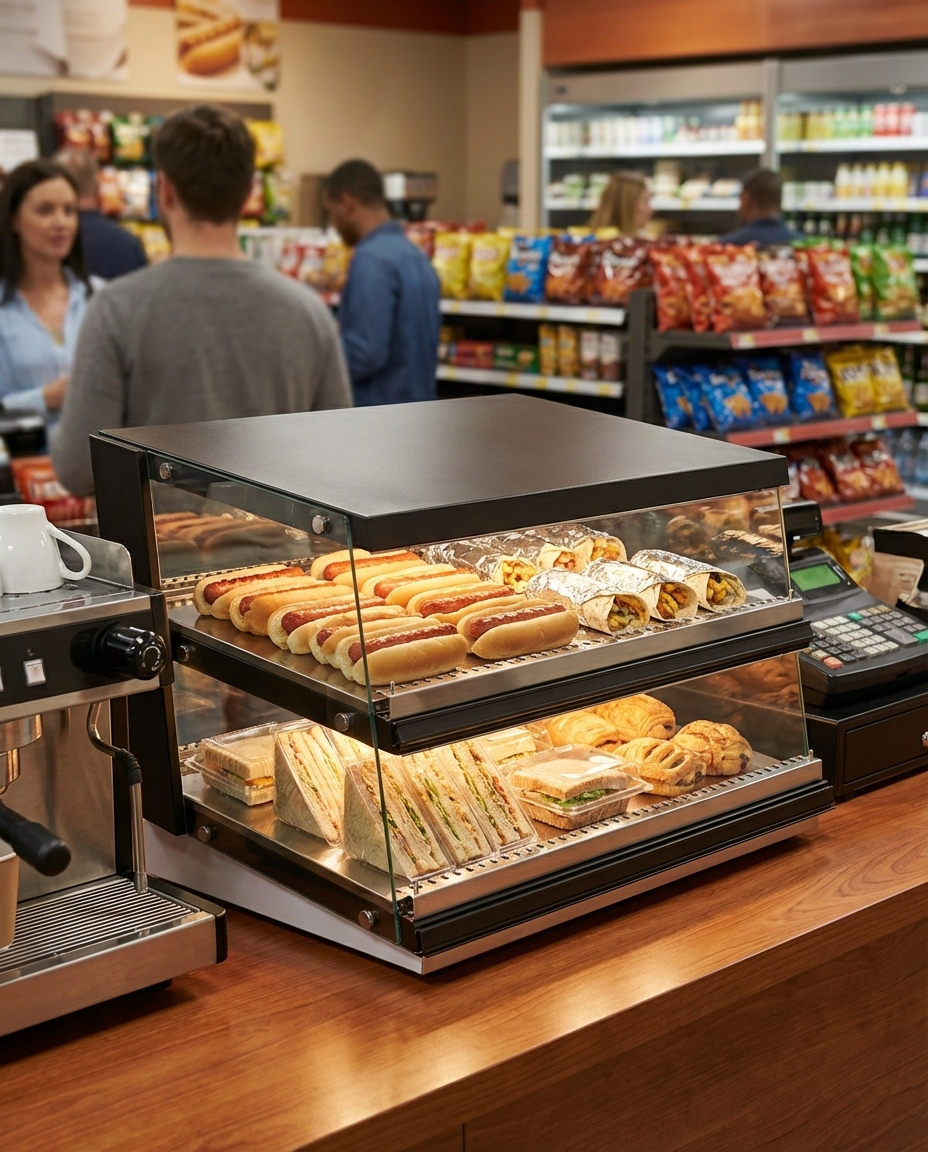 Polarman PLM-W121D-M 44″ Slanted 2-Shelf Countertop Heated Display Merchandiser