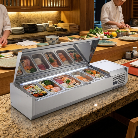 Polarman PLM-R1500L-2S 59" Stainless Steel Countertop Refrigerated Sushi Display Case, (6) 1/3 Size Pans
