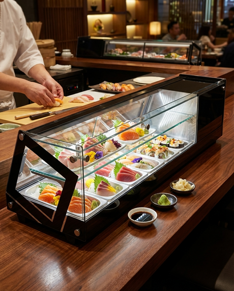 Polarman PLM-R44L 44 1/2" Countertop Refrigerated Sushi Display Case with Sliding Door, (4) 1/3 Size Pans, Black