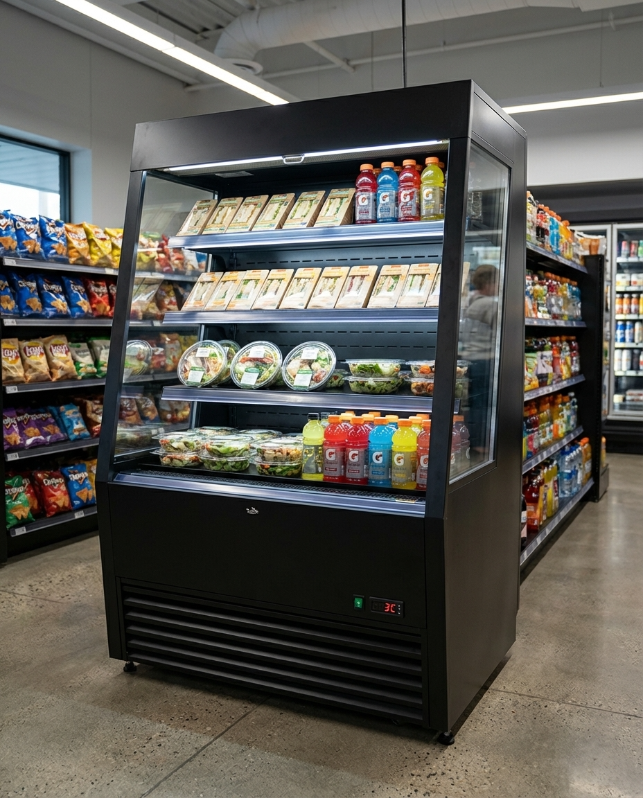 Polarman PLM-R390LSB 36" Black Vertical Air Curtain Merchandiser with 3 Shelves