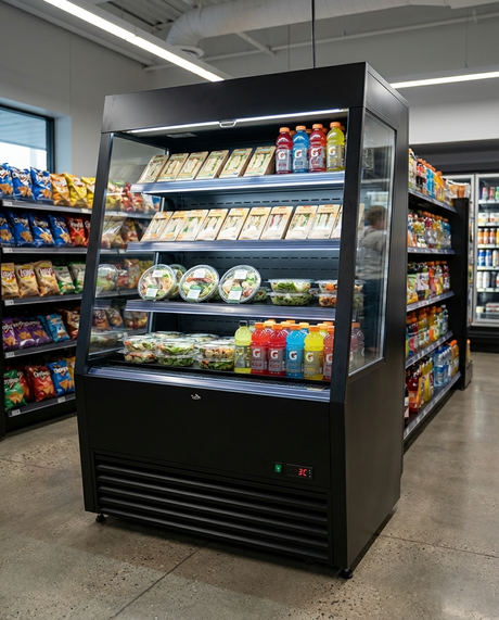 Polarman PLM-R390LSB 36" Black Vertical Air Curtain Merchandiser with 3 Shelves