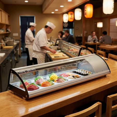 Polarman PLM-R43L 44 1/2" Countertop Refrigerated Sushi Display Case with Sliding Door, (4) 1/3 Size Pans, White