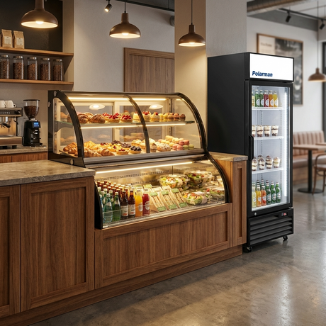 Polarman PLM-R348L 35 2/5" Curved Glass Refrigerated Air Curtain Merchandiser with LED Lighting and Night Curtain