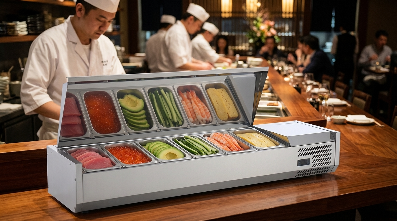 Polarman PLM-R1200L-2S 47" Stainless Steel Countertop Refrigerated Sushi Display Case, (3) 1/3 + (2) 1/4 Size Pans