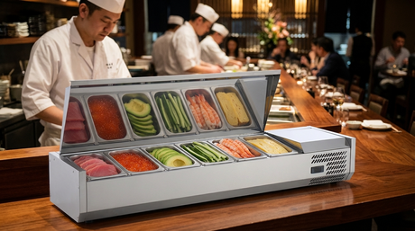 Polarman PLM-R1500L-2S 59" Stainless Steel Countertop Refrigerated Sushi Display Case, (6) 1/3 Size Pans