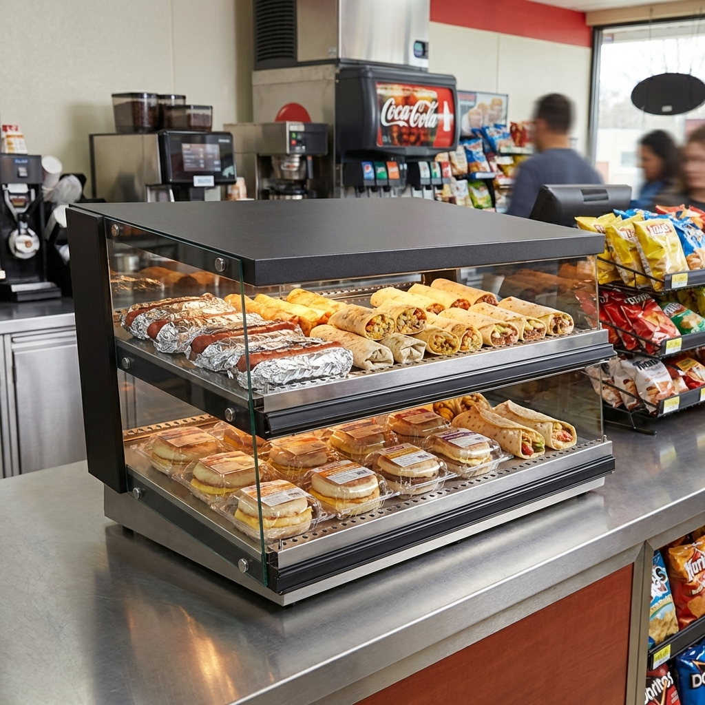 Polarman PLM-W121D-M 44″ Slanted 2-Shelf Countertop Heated Display Merchandiser