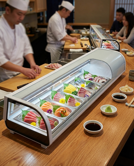 Polarman PLM-R42L 46 3/10" Countertop Refrigerated Sushi Display Case with Sliding Door, (4) 1/3 Size Pans, White