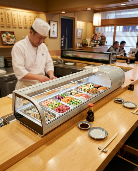Polarman PLM-R42L 46 3/10" Countertop Refrigerated Sushi Display Case with Sliding Door, (4) 1/3 Size Pans, White